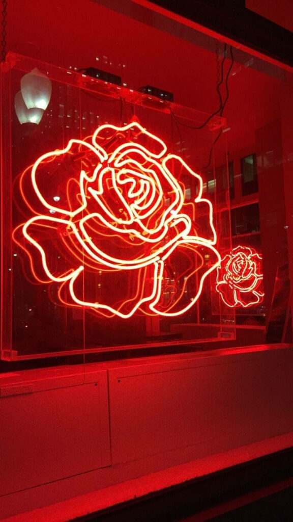 Gorgeous Red Femme Fatale: Mesmerizing Neon Rose Display Elevates Glass Wall in Distorted Perspective Wallpaper