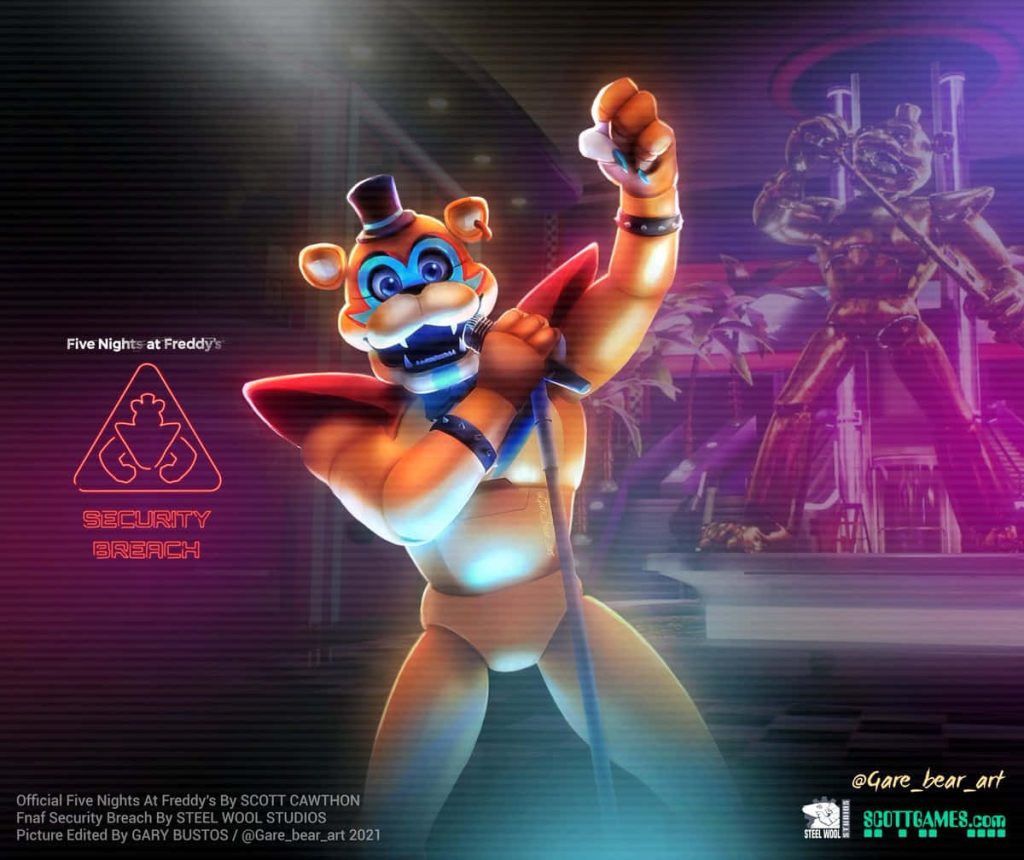 Glamrock Freddy performing on stage in neon purple pink lights Five Nights at Freddy's wallpaper