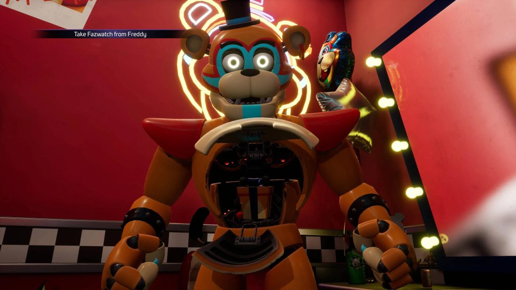 Glamrock Freddy with open chest hatch in red-lit backstage Security Breach wallpaper background