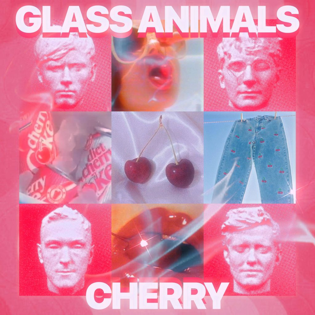 Glass Animals cherry wallpaper with Y2K red halftone band portraits and cherry-print denim background