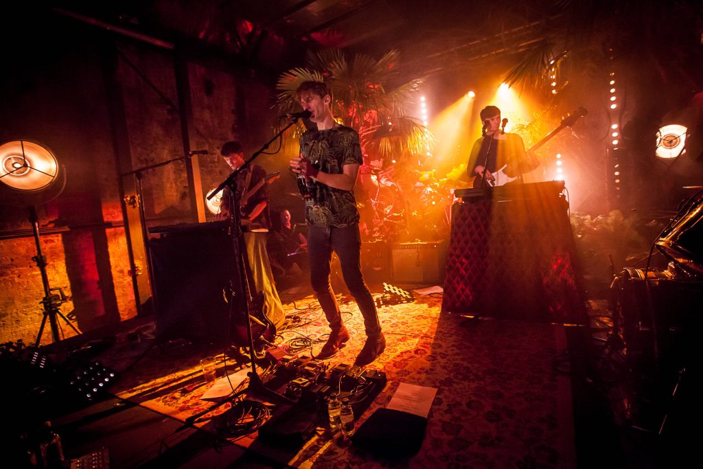 Glass Animals live indie concert wallpaper with warm amber lights and tropical stage decor
