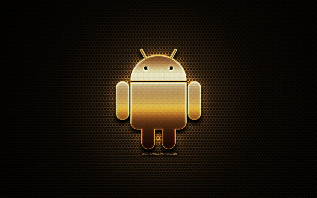 Luminous Android: Sparkling Logo Shines on Metallic Grid Desktop Wallpaper