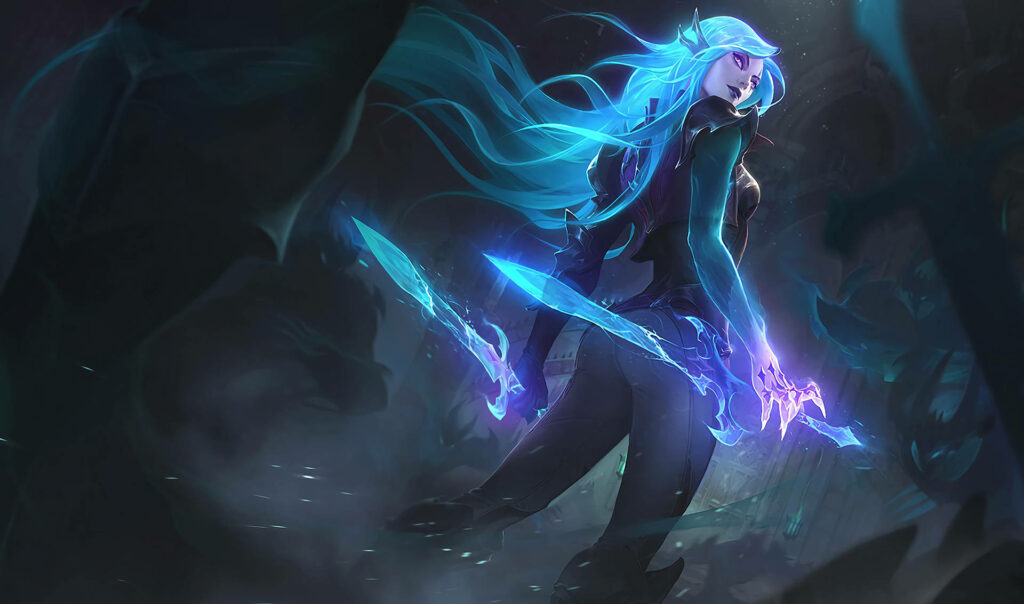 Katarina, the Death Sworn Assassin, Shines with Electric Blue Aura - Epic League of Legends 3D Wallpaper