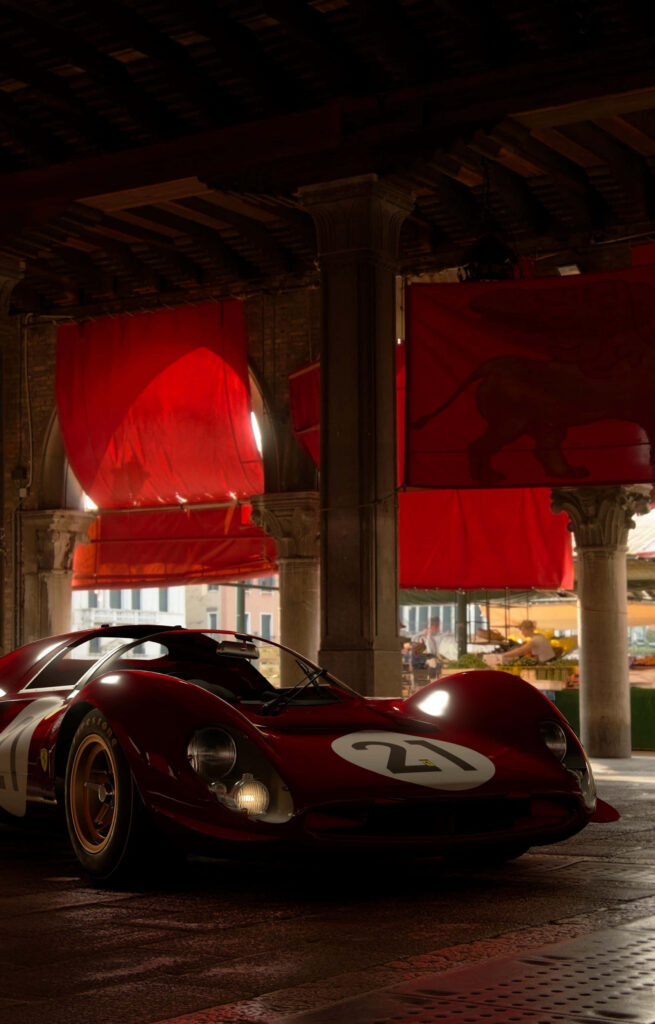 Crimson Elegance: Immersive Wallpaper Showcasing a Flawless Ferrari 330, Adorned with Number 21 Emblem on Radiant Red Body