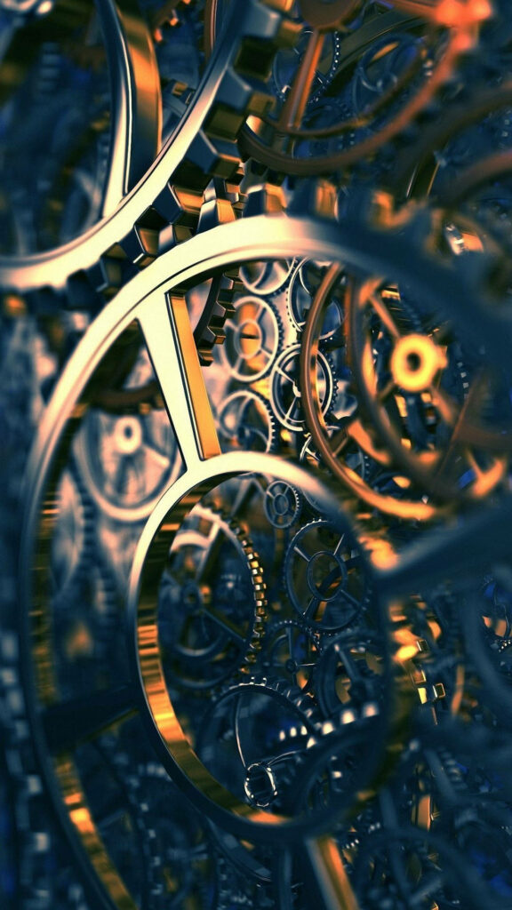 Mechanical Masterpiece: Intricate Chrome-painted Gears Unveiled in Hypnotic 3D iPhone Background Wallpaper