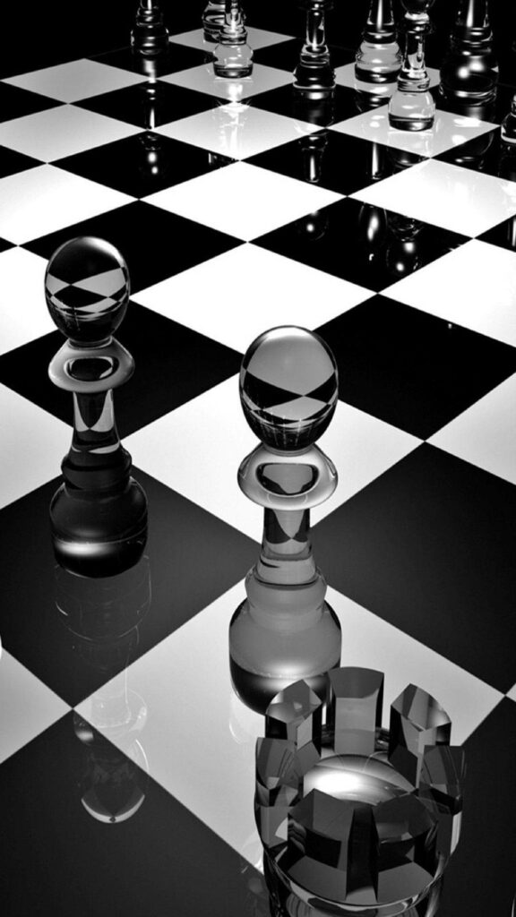 Strategic showdown: Glass chess pieces elegantly adorn 3D iPhone background Wallpaper