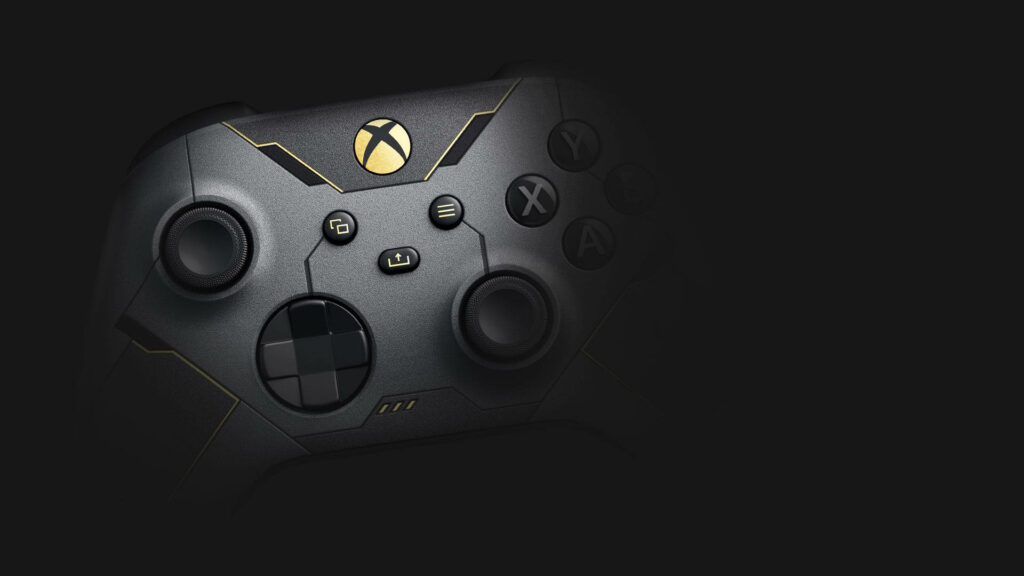 Xbox Series X Halo Infinite Edition Controller Shines with Opulent Gold Accents on a Sleek Monochrome Canvas Wallpaper