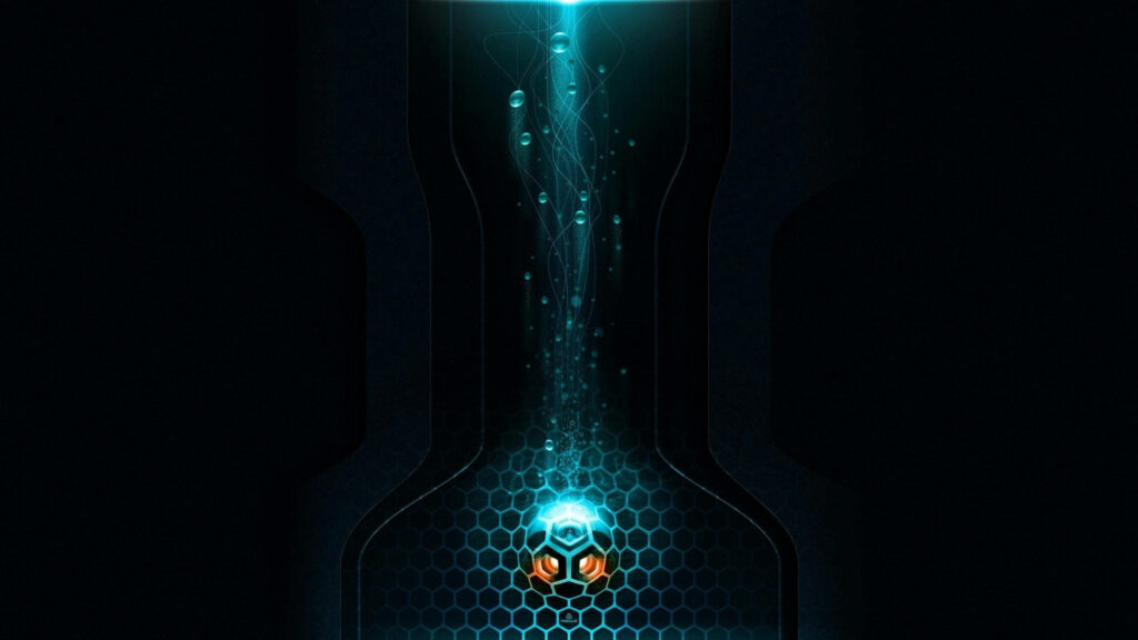 Futuristic dark wallpaper with glowing hexagonal core blue orange accents honeycomb pattern