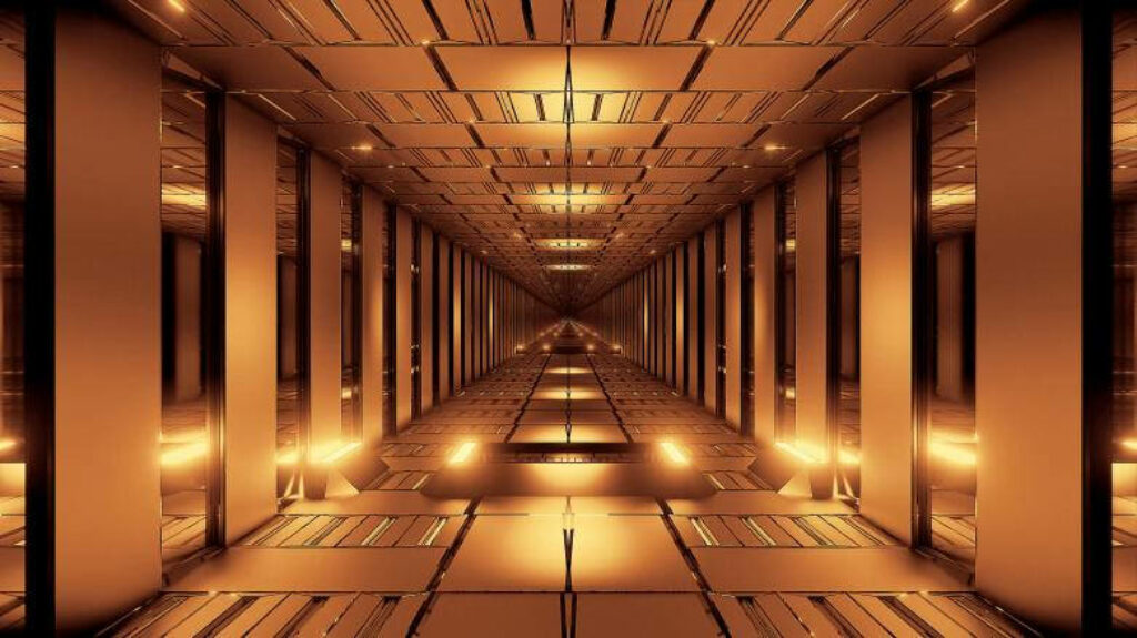 Glimpses of Luxury: Captivating Gold Corridor in Grand Hotel Wallpaper