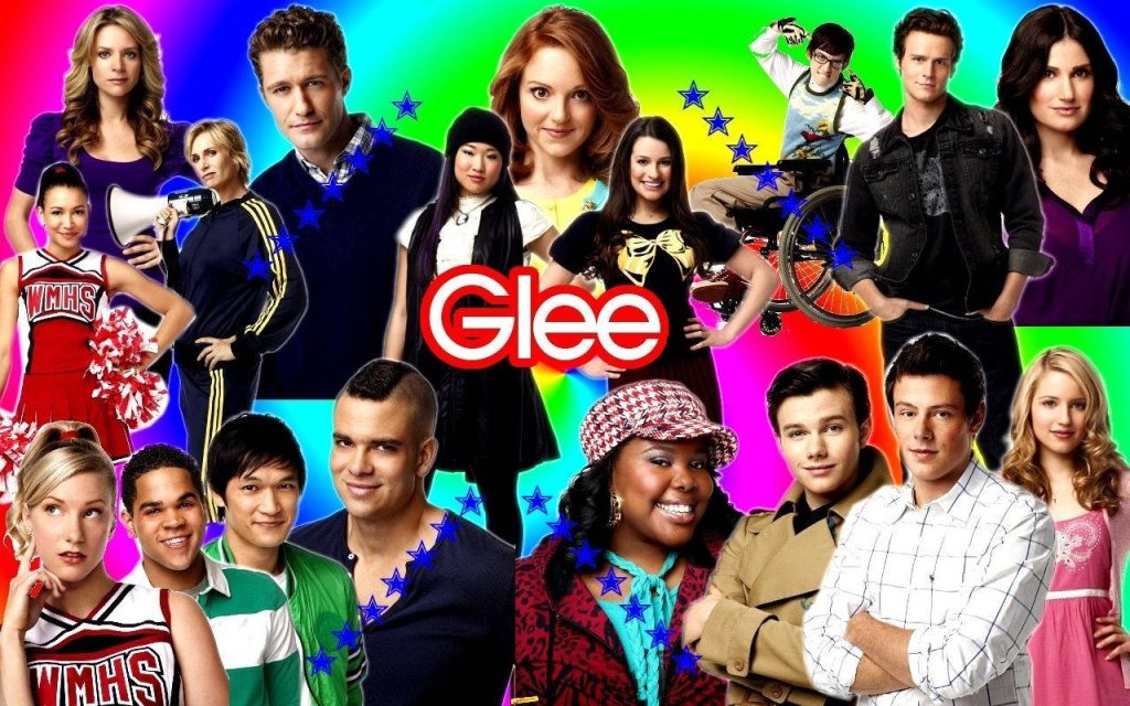 Glee TV show cast collage wallpaper with Rachel Finn and Will on rainbow starry background