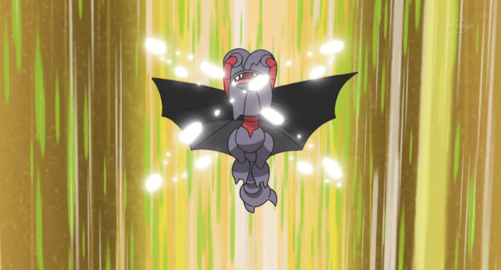 Pokémon Gligar in dynamic battle pose with glowing energy on yellow brown motion background wallpaper