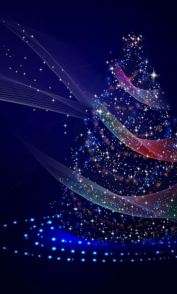 Abstract Christmas tree digital art with sparkling light ribbons on deep blue holiday wallpaper