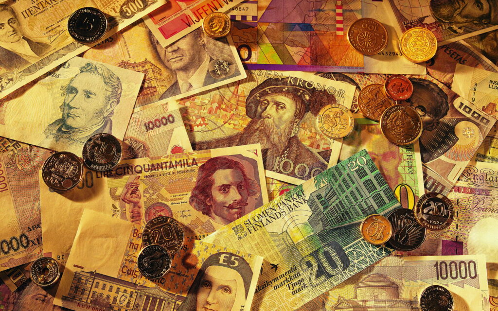 Vintage Finnish Markka: Nostalgic Banknotes on Money-Textured Retro Background Wallpaper