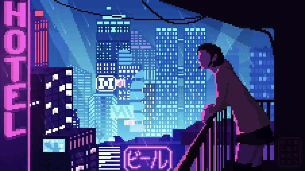 Cityscape Serenity: A Mesmerizing Pixel Art Masterpiece Showcasing a Girl's Glimpse Over a Luminous Nighttime Metropolis Wallpaper