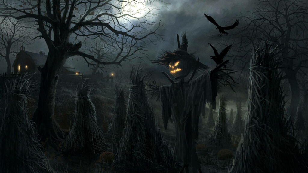 Gleaming-Eyed Halloween Scarecrow: A Perfectly Haunting Laptop Wallpaper