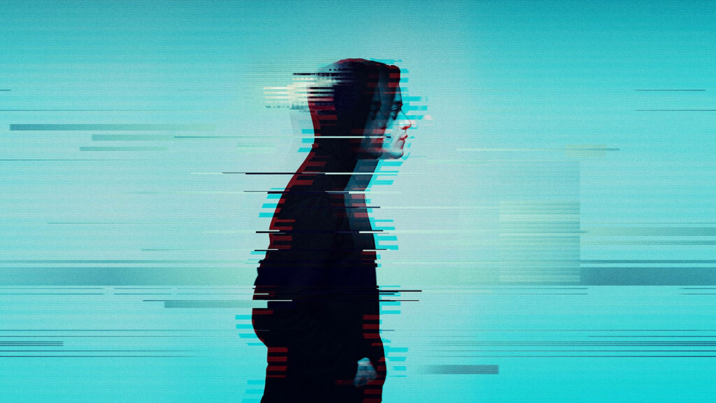 Cyberpunk Glitch Art Wallpaper: Elliot from Mr. Robot in Bold Colors
