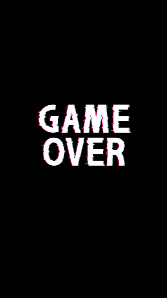 Minimalist GAME OVER wallpaper with glitch effect red cyan text on solid black background digital art