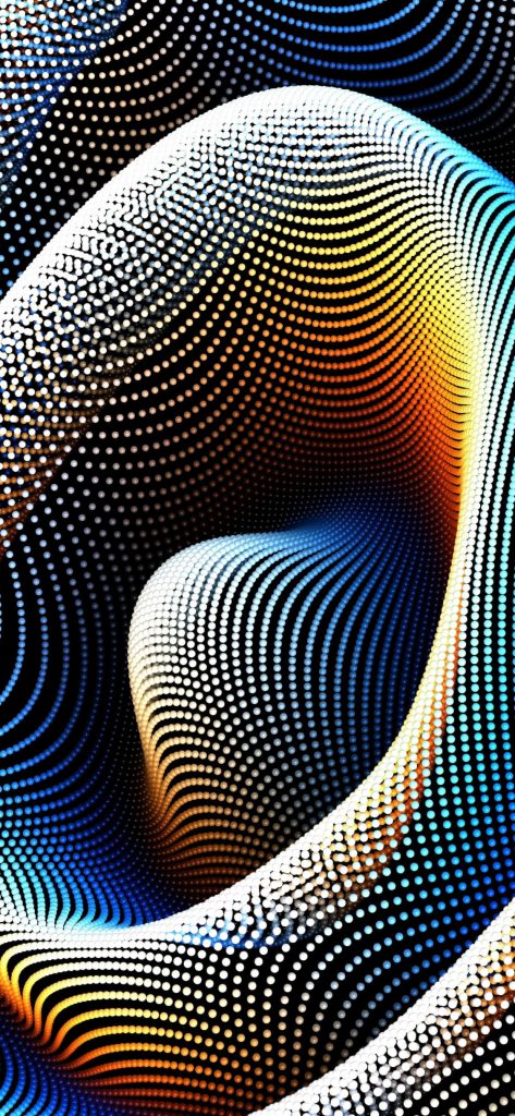 Glitchcore 3D abstract wallpaper with glowing colorful dots in fluid waves on black background