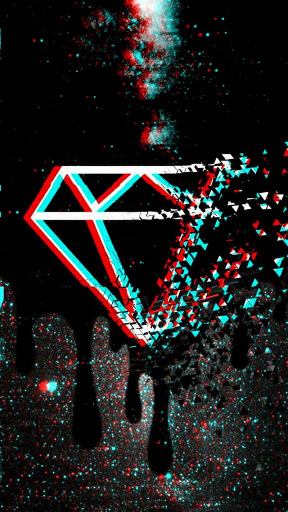 Glitchcore wallpaper with white diamond outline on dark dripping background and red cyan glitch effect