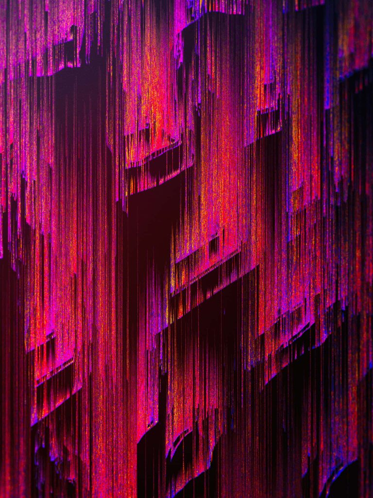 Abstract digital glitch wallpaper with magenta pink and red vertical streaks on black background