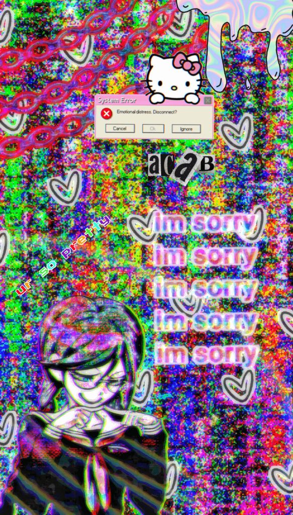 Glitchcore wallpaper with rainbow static Hello Kitty System Error and Danganronpa Toko Fukawa