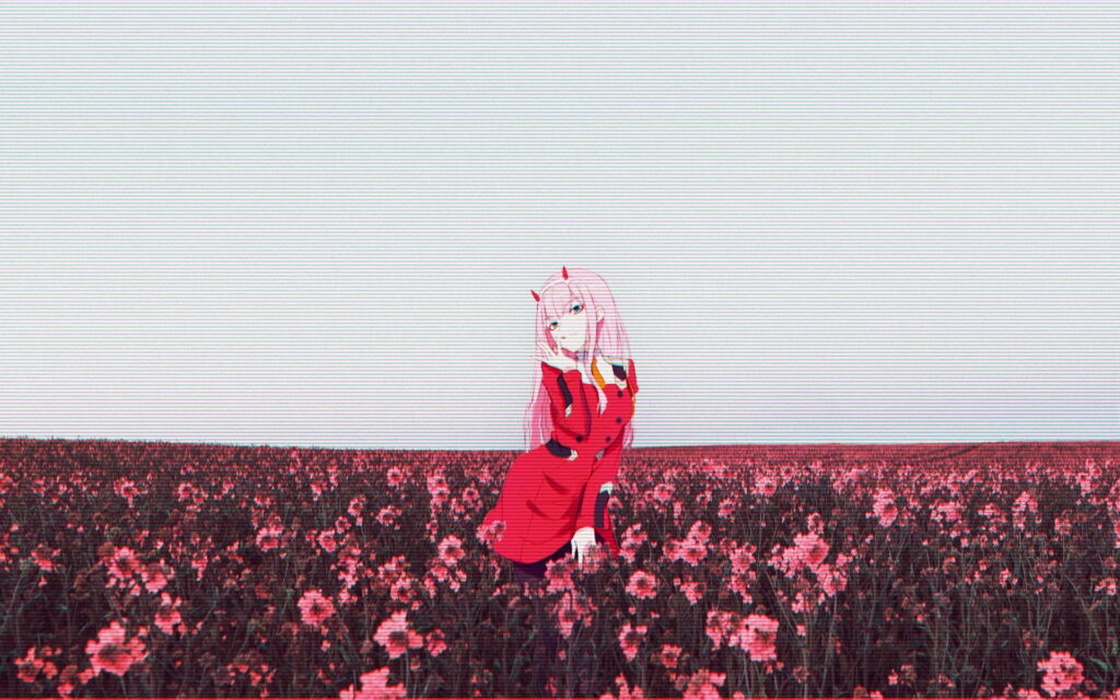Zero Two's Bouquet: A Beautiful Glitch Art HD Wallpaper Featuring Anime Girl and a Dreamy Flower Background from Darling in the FranXX