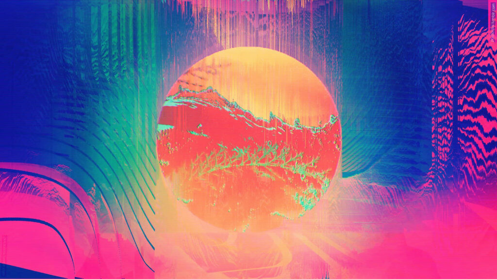Techno Glow: An Intriguing Glitched Orange Sphere Surrounded by Vibrant Pixelated Chaos Wallpaper