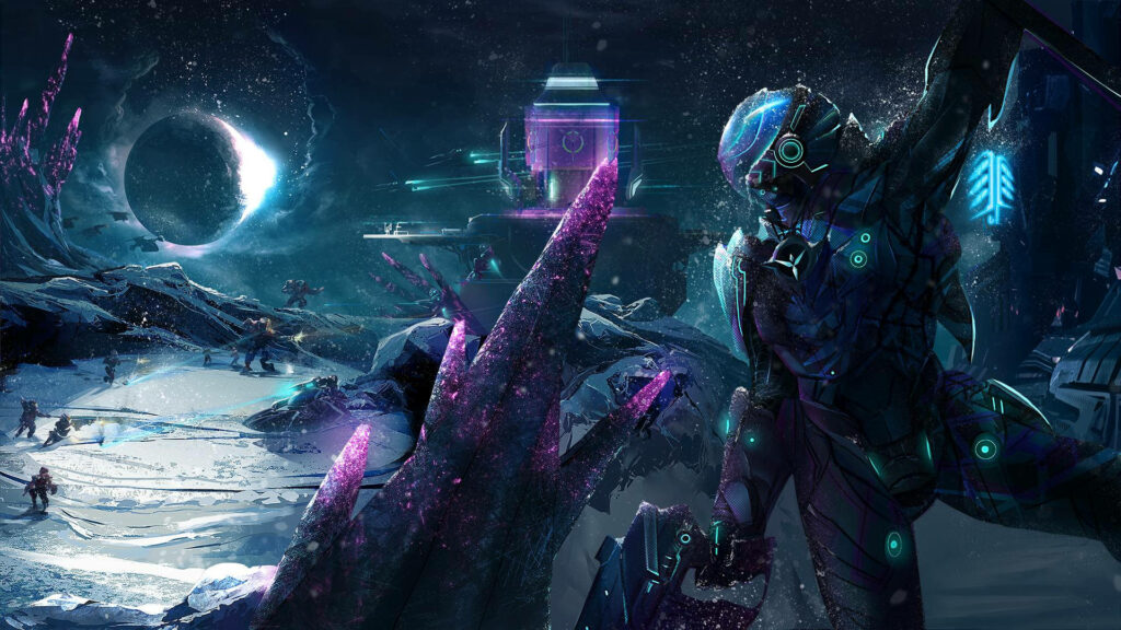 The Ultimate Purple Gaming Experience: Futuristic Soldiers, Planets, and Spaceships Wallpaper