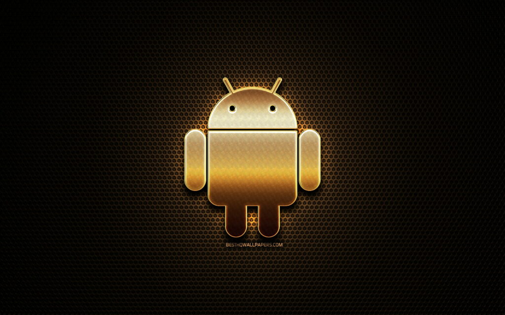 Golden Android logo 3D shiny on dark perforated metal grid QHD wallpaper background