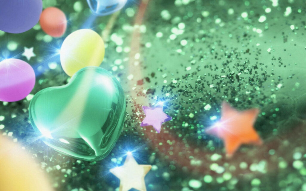 3D glossy multicolored hearts and stars on sparkling emerald green background with lens flares Wallpaper