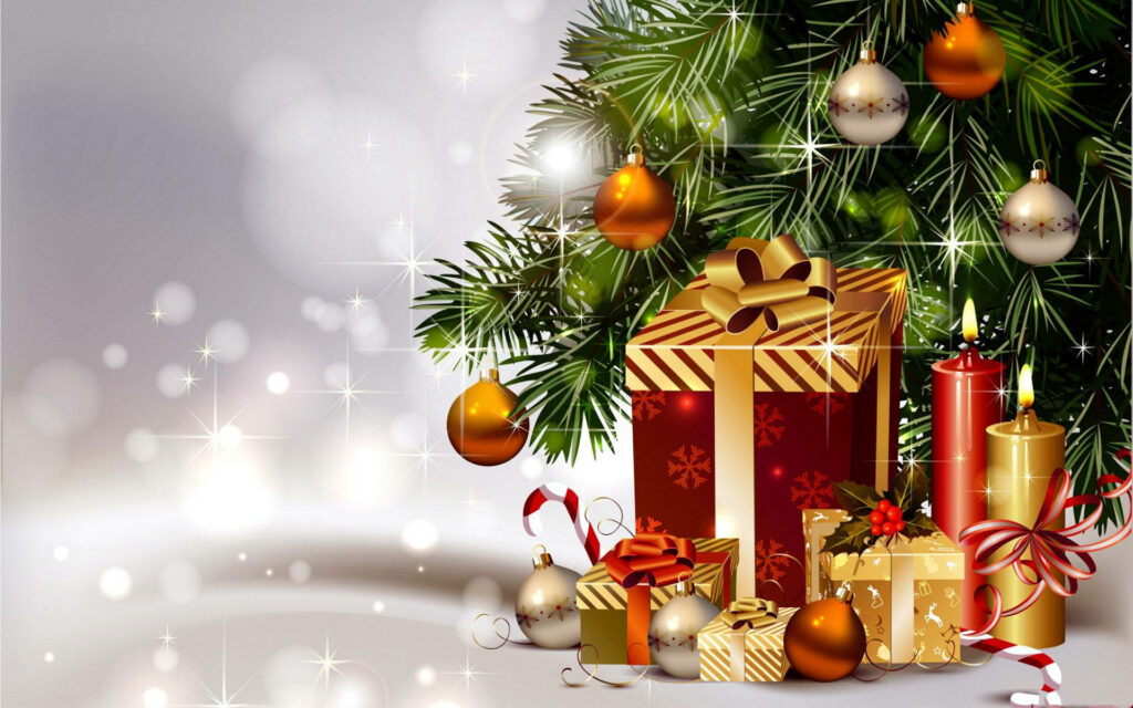 Festive Christmas tree with gold white ornaments glowing candles and wrapped gifts holiday wallpaper
