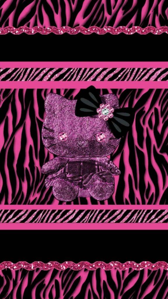 Vibrant Pink Zebra Hello Kitty Wallpaper with Glittery Details