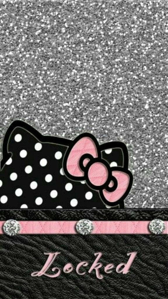 Glittery Silver Hello Kitty Polka Dots Wallpaper with Pink Bow