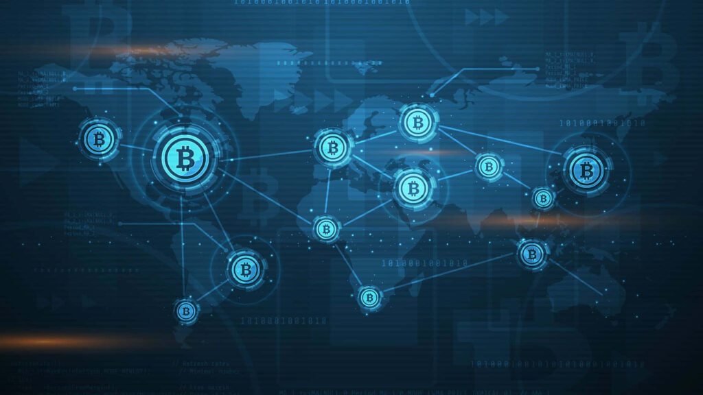 Digital world map glowing with connected Bitcoin symbols symbolizing global cryptocurrency future Wallpaper