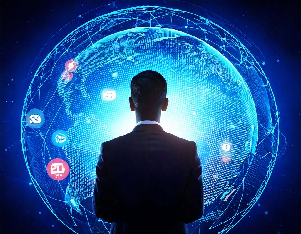 Businessman silhouette with glowing digital globe and high-tech UI elements technology wallpaper