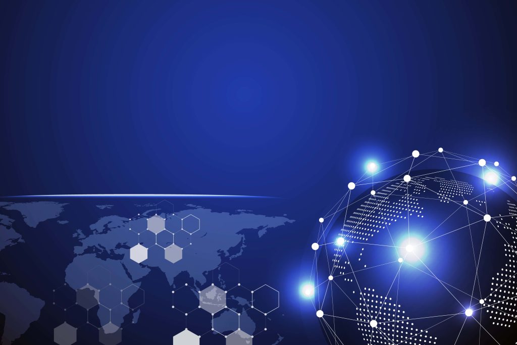 Glowing digital globe with network nodes and hex patterns on deep blue smart wallpaper background
