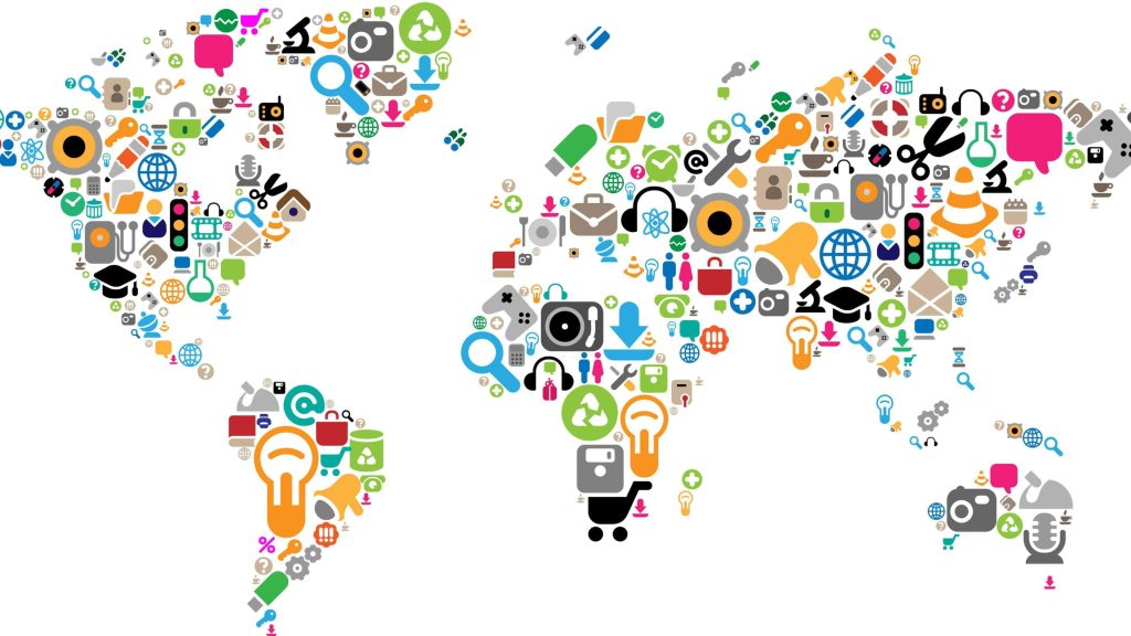 World map made of colorful social media tech communication icons symbolizing global connectivity Wallpaper