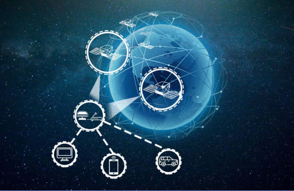 Global Connectivity Wallpaper: Earth, Satellites & Tech Icons