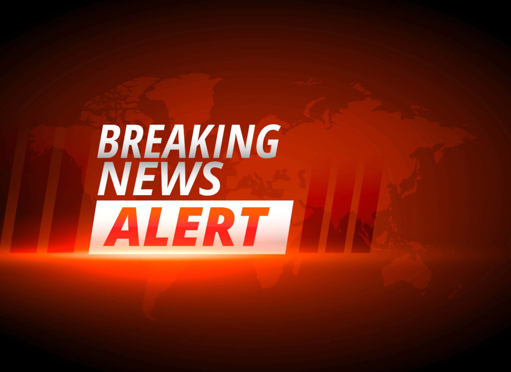 Breaking News Alert graphic bold white red text dark red background world map glowing lights Wallpaper