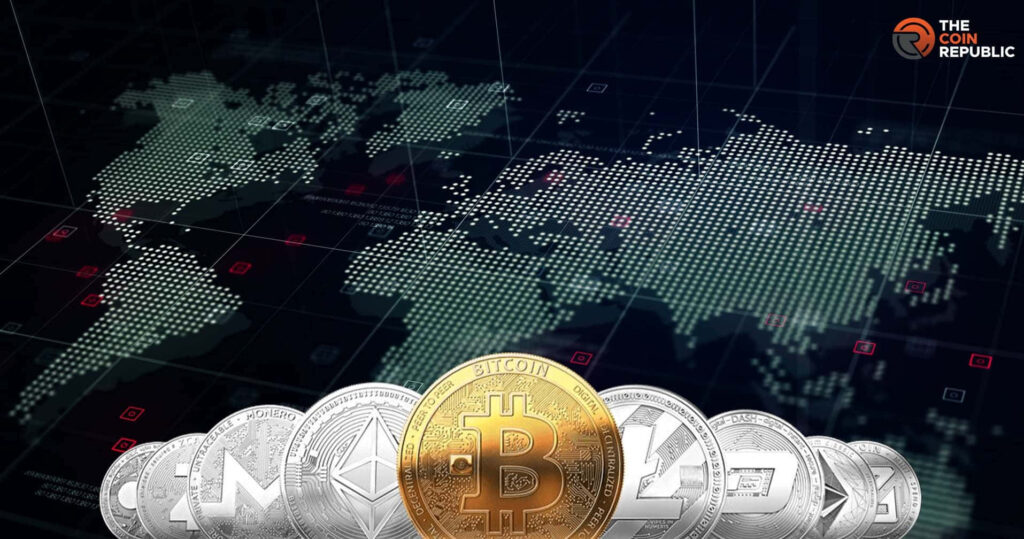 Glowing digital world map with Bitcoin and Ethereum icons showing global crypto impact wallpaper