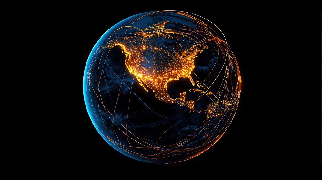CGI Earth at night with golden city lights and glowing network lines symbolizing global connectivity Wallpaper