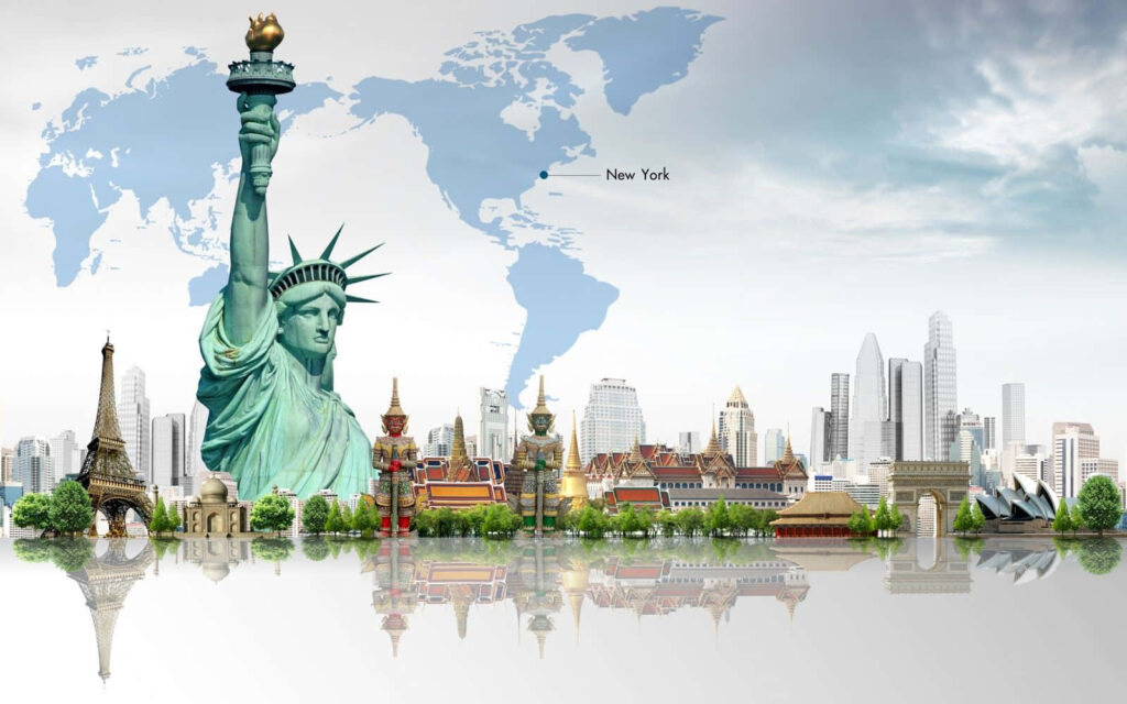 Global Landmarks Collage Wallpaper on Light Blue World Map