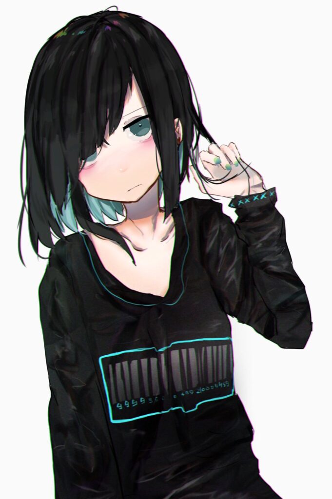 Gloomy Anime Art Wallpaper: Girl with Barcode Design & Dark Outfit