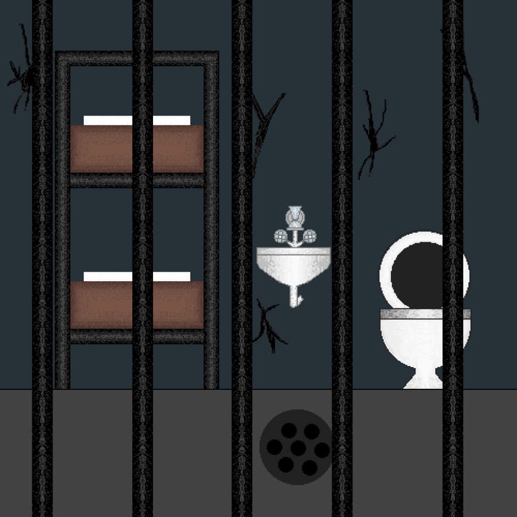 Dark 2D digital illustration of a gloomy prison cell with bunk bed sink and toilet behind bars Wallpaper