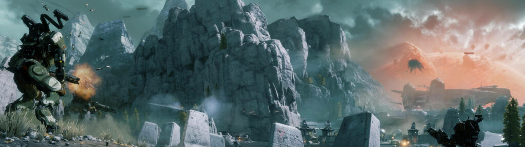 Battleground: Titans Clash in the Shadows of an Eerie Mountain Landscape Wallpaper