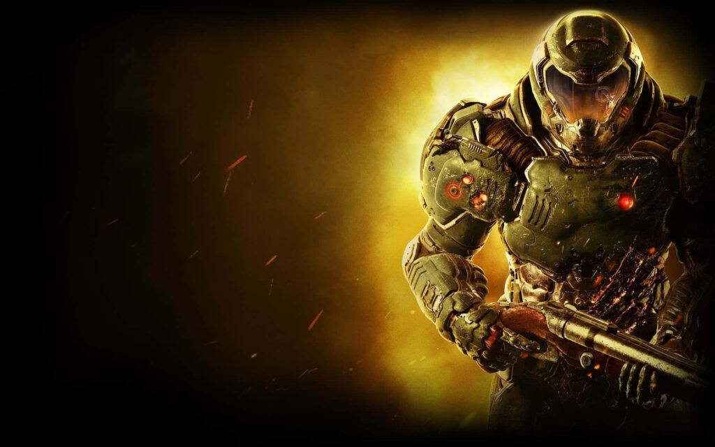 Doom Slayer Unleashes His Weapon in a Gritty Dark-themed Desktop Wallpaper.
