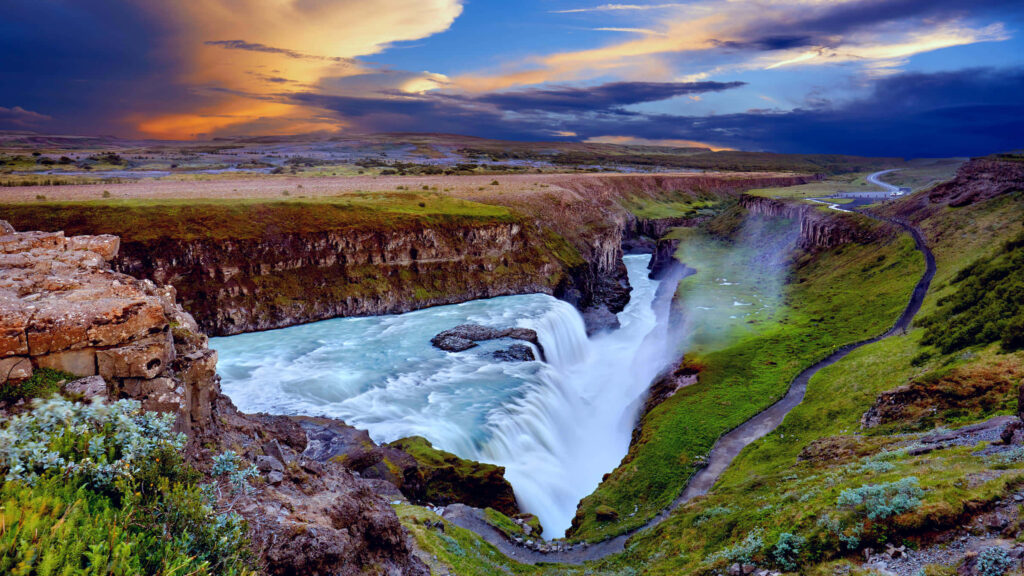 Majestic Gullfoss: Iceland's Cascading Wonder at Twilight Wallpaper