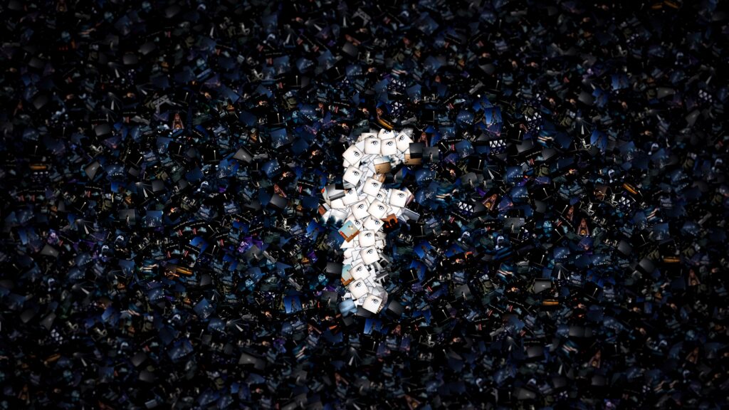 Facebook wallpaper with glossy 3D cubes forming white F logo on dark blue mosaic background