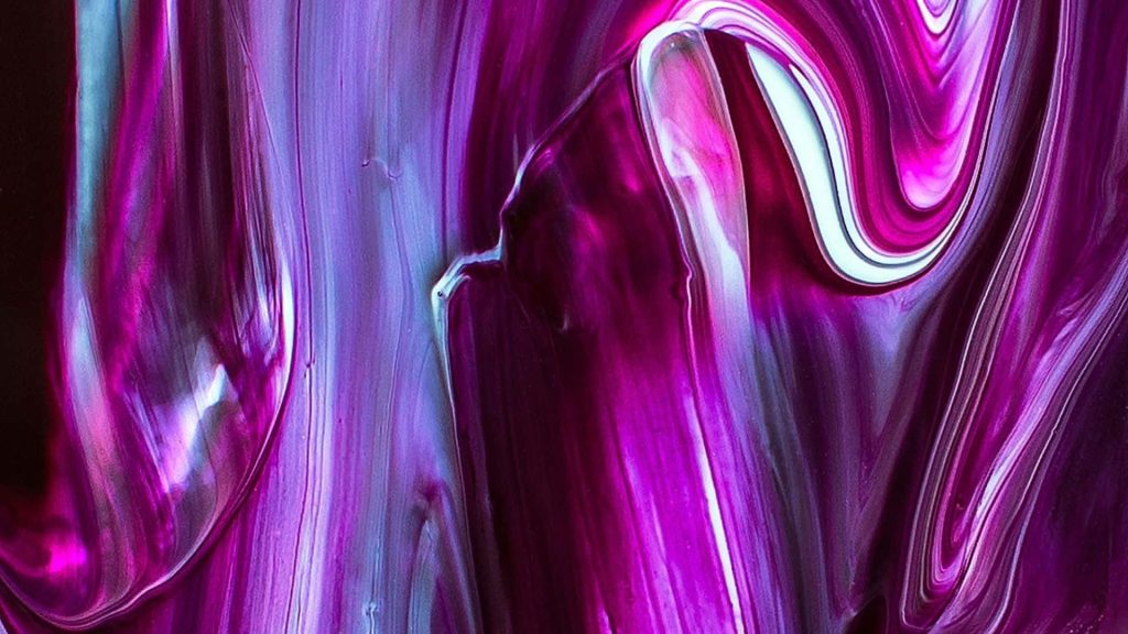 Glossy abstract wallpaper with fluid violet paint drips in swirling marble-like purple hues