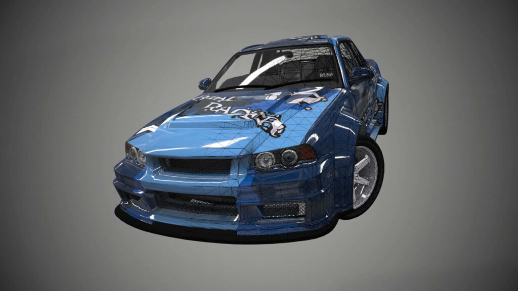 Glossy blue car with digital wireframe overlay modern high tech automotive wallpaper background